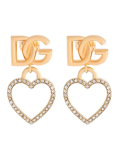 Dolce & Gabbana Women Metallic Earings With Logo Plaque And Heart Pendant In Brass And Glass Woman In Multi