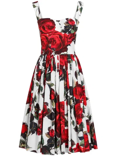 Dolce & Gabbana Women Midi Dress With Red Roses On A White Background