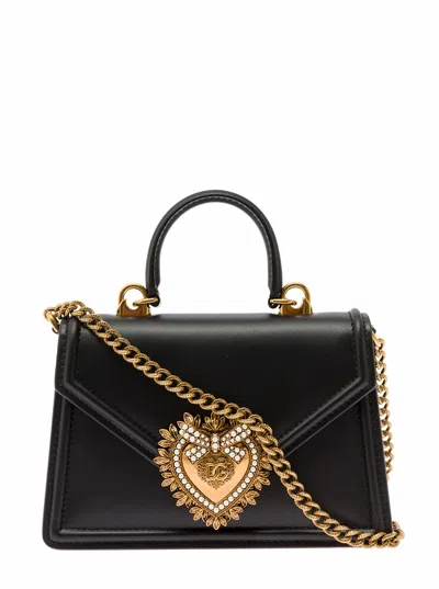 Dolce & Gabbana Women 'mini Devotion' Black Handbag With Logo Plaque In Leather Woman In Multi