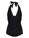 Dolce & Gabbana Black Gathered One-piece Swimsuit With Logo Patch In Stretch Polyamide Woman