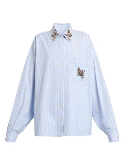 Dolce & Gabbana Women's Oversized Embellished Pinstripe Button-front Shirt In White