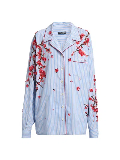 Dolce & Gabbana Women's Oversized Floral-embellished Striped Cotton-silk Shirt In Blue