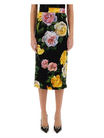 DOLCE & GABBANA WOMEN'S PEONY AND ROSE PRINT CHARMEUSE LONGUETTE SKIRT | SIZE 40 | F4B6UT