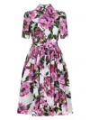 Dolce & Gabbana Pink Crewneck Dress With Logo Lettering Detail On The Front And All-over Floral Motif In Cotton Woma In Pink & Purple