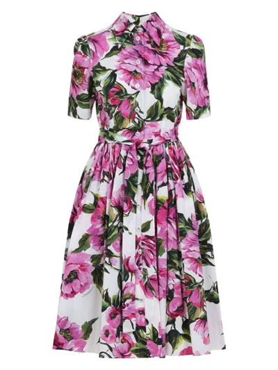DOLCE & GABBANA WOMEN'S PEONY PRINT SHORT SLEEVED COTTON MIDI DRESS