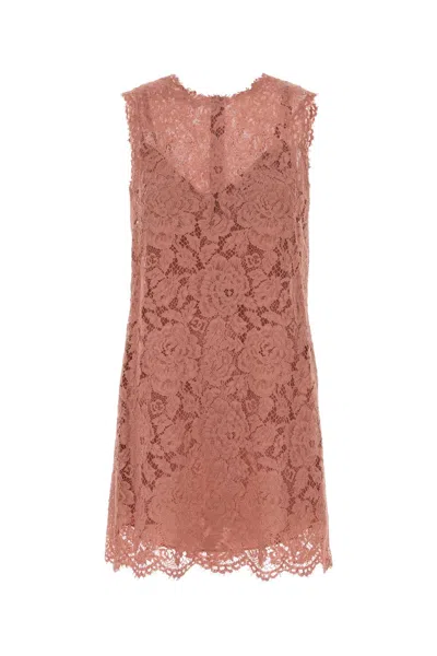 Dolce & Gabbana Pink Lace Round Neck Mini Dress