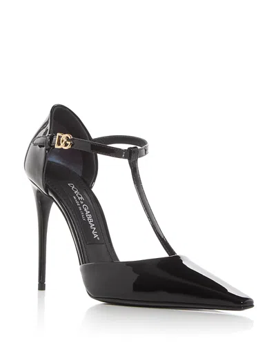 Dolce & Gabbana Elegant Black Leather T-strap Heels Sandals