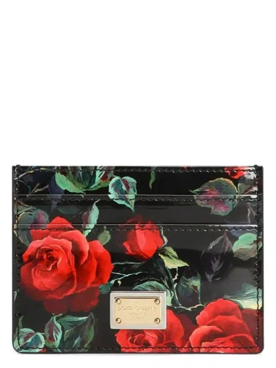 Dolce & Gabbana Women's Polished Calfskin Rose Print Card Holder In Black