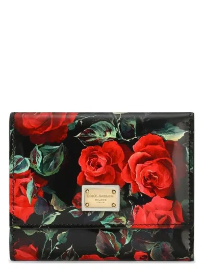 Dolce & Gabbana Polished Calfskin Rose Print Trifold Wallet In Black