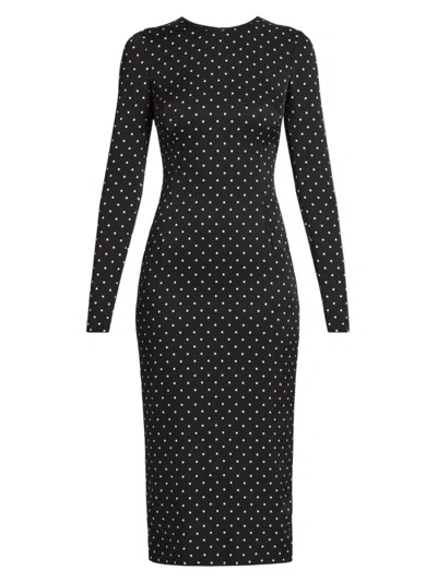 Dolce & Gabbana Charmeuse Calf-length Sheath Dress With Polka-dot Print In Nero