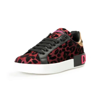 Pre-owned Dolce & Gabbana Women's "portofino" Leo Print Leather Sneakers Shoes Us 6 It 36 In Multicolor
