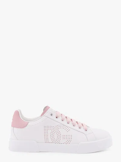 Dolce & Gabbana Women Portofino Low-top Leather Sneakers With Lateral Monogram In White