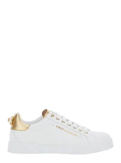 Dolce & Gabbana Sneakers Portofino In Pelle Bianca E Oro Dolce E Gabbana In White