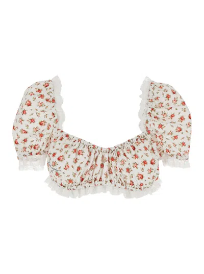 Dolce & Gabbana Multicolor Crop Top With All-over Floral Print And Lace Details In Cotton Woman