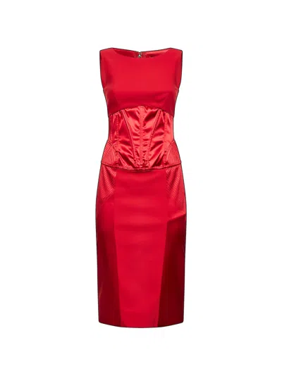 DOLCE & GABBANA DOLCE & GABBANA WOMEN RED SATIN AND CADY MIDI DRESS