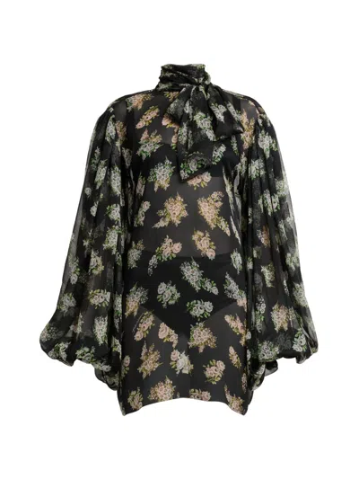 Dolce & Gabbana Women's Rose Bouquet Silk Chiffon Tieneck Blouse In Black