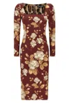 Dolce & Gabbana Rose Print Midi Dress With A Square Neckline In Brown