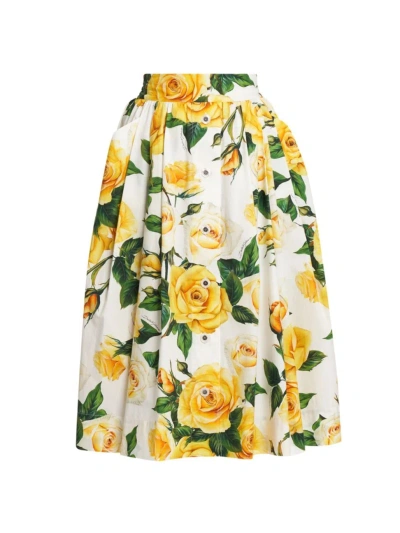 Dolce & Gabbana Women's Rose Print Pleated Midi-skirt In Multicolour