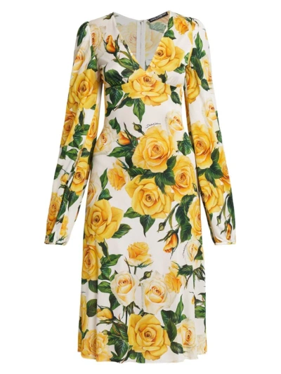 Dolce & Gabbana Rose Printed Organzino Silk Midi Dress In Rose Gialle