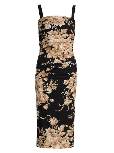 Dolce & Gabbana Floral-print Ruched Midi Dress In Black