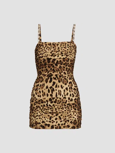 Dolce & Gabbana Sleeveless Ruched Leopard-print Silk Charmeuse Mini Dress In Multi