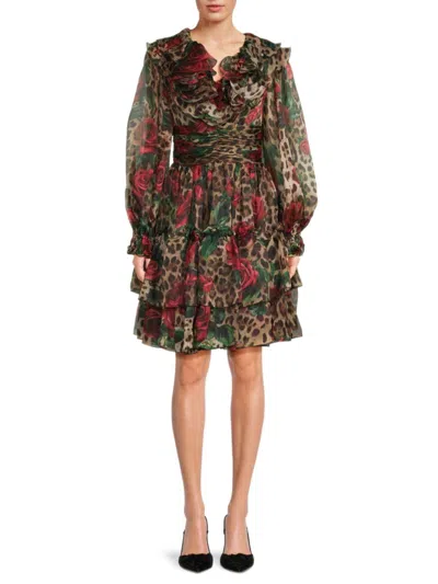 Dolce & Gabbana Women's Ruffle Leopard Floral Silk Dress In Brown