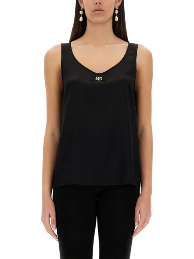 Dolce & Gabbana Women Satin Camisole Top With Logo In Black