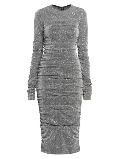 Dolce & Gabbana Ruched Sequined Metallic Stretch-tulle Midi Dress In Silver