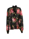 Dolce & Gabbana Rose Bouquet-print Silk Chiffon Neck-tie Blouse In Black