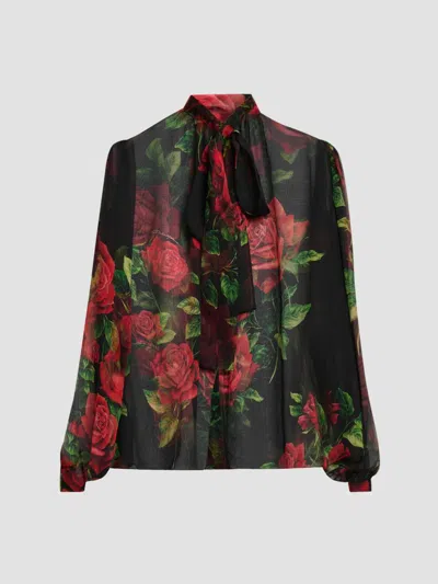 Dolce & Gabbana Women's Sheer Floral Silk Pussy-bow Collar Blouse In Rose Rosse Nero