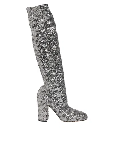 DOLCE & GABBANA DOLCE & GABBANA WOMEN'S SILVER SEQUINS GLITTER HIGH HEEL BOOT WOMEN'S SHOES