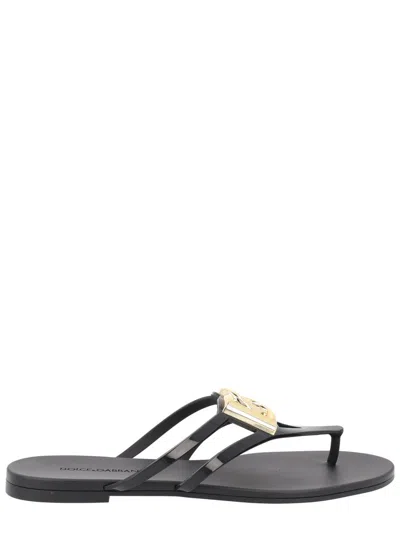 Dolce & Gabbana Black Thong Sandals With Logo Plaque On The Front In Rubber Woman