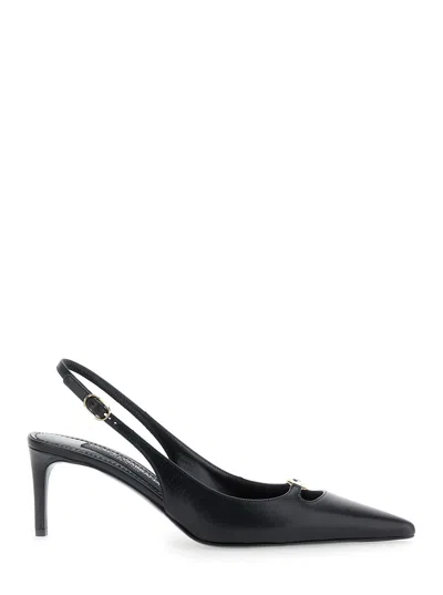 DOLCE & GABBANA DOLCE & GABBANA WOMEN BLACK SLINGBACK PUMPS WITH LOGO PLAQUE ON THE FRONT IN PATENT LEATHER WOMAN