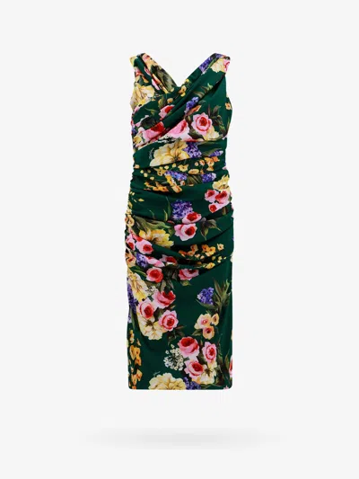 Dolce & Gabbana Women Stretch Silk Dress With Floral Print In Green
