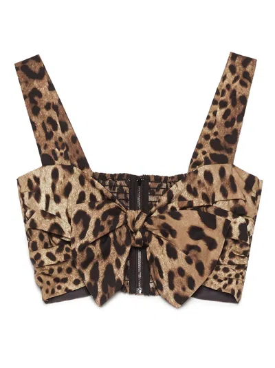 Dolce & Gabbana Animal Print Sweetheart Bow Tank Top In Brown