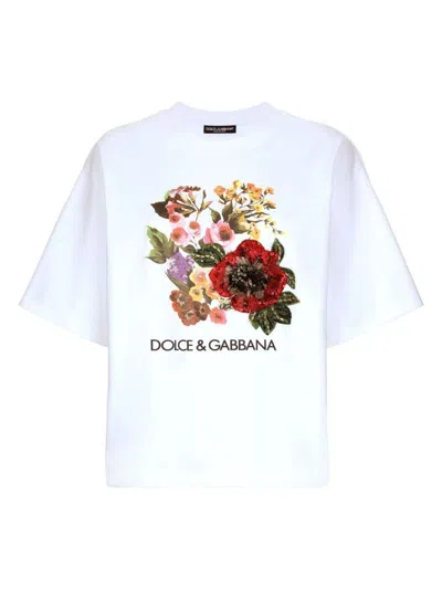 Dolce & Gabbana Floral-print Cotton-blend T-shirt In ホワイト