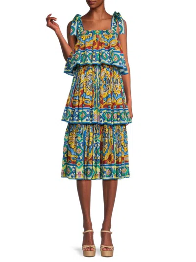 Dolce & Gabbana Women's Tiered Floral A Line Midi Dress In Blue