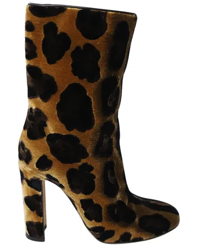Pre-owned Dolce & Gabbana Women's Velvet Leopard Print Calf Boots Multicolor Velvet  (authentic Pre-loved) In Animal Print
