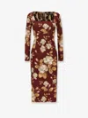 Dolce & Gabbana Rose Print Midi Dress With A Square Neckline In Brown