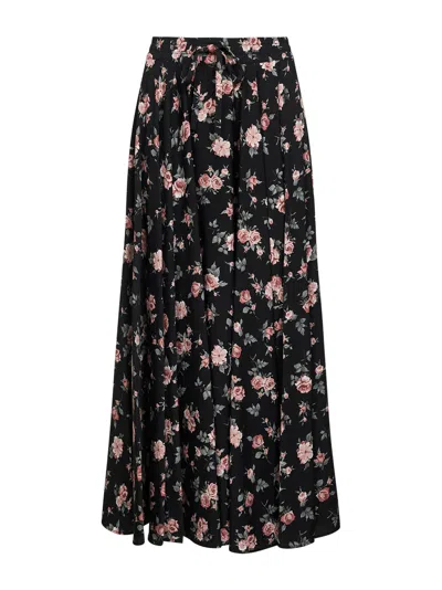 Dolce & Gabbana Women Vintage Rose Printed Charmeuse Long Full Skirt In Black