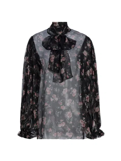 Dolce & Gabbana Black Blouse With Knot In Front And Floral Print In Chiffon Woman