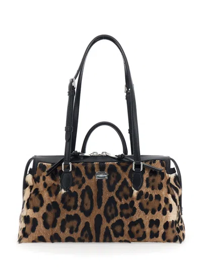 DOLCE & GABBANA DOLCE & GABBANA WOMEN 'VITTORIA' BROWN HANDBAG WITH LOGO PLAQUE ON THE FRONT AND ALL-OVER LEOPARD MO