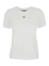 Dolce & Gabbana Women White Crewneck T-shirt With Logo Embroidery With Crystals On The Front In Cott In White
