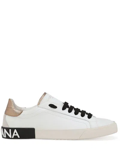 Dolce & Gabbana Women's White Leather Sneakers With Contrasting Heel Insert And Embossed Logo