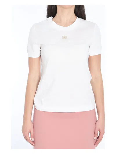 DOLCE & GABBANA WOMEN'S WHITE MC T-SHIRT WITH GLOSSY GOLD LOGO