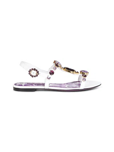 Dolce & Gabbana Women White Patent Leather Jeweled Thong Sandals In Purple