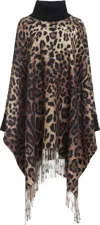 Dolce & Gabbana Leopard Print Wool Cashmere Fringed Poncho In Black