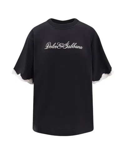 DOLCE & GABBANA WOMEN`S BLACK EMBROIDERED LOGO CREWNECK T-SHIRT