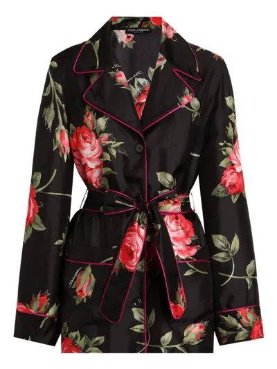 DOLCE & GABBANA DOLCE & GABBANA WOMEN'S-BLACK SILK FLORAL-PRINT BELTED SHIRT