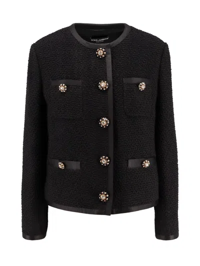 Dolce & Gabbana Wool And Silk Blazer With Jewel Buttons In Black